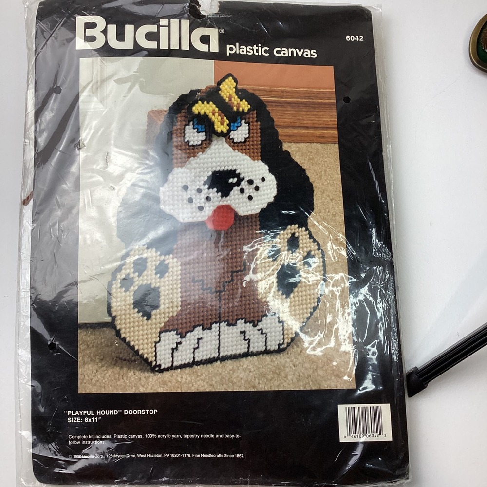 Vintage Bucilla Playful Hound Doorstop Plastic Canvas Kit 6042 Dog 1990 8x11